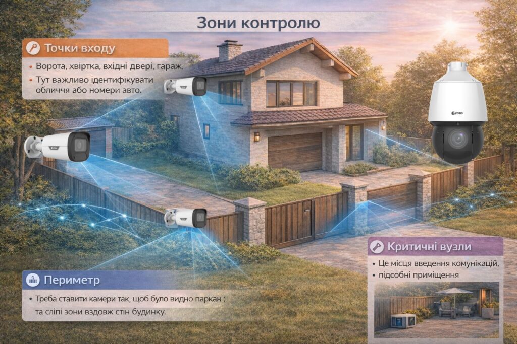 Зони контролю відеоспостереження у приватному будинку — точки входу, периметр та критичні вузли